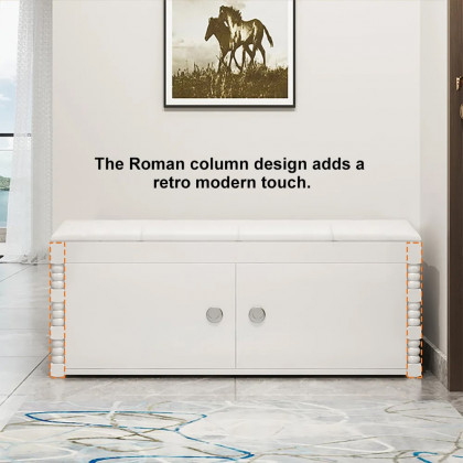 HMR - White Entryway Bench with Shoe Storage Leather Upholstered