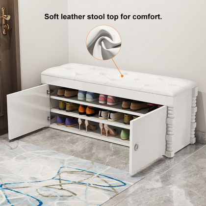 HMR - White Entryway Bench with Shoe Storage Leather Upholstered