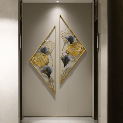 HMR - 2 Pieces Triangular Wall Hollow-out Ginkgo Leaves Floral Art in Metal
