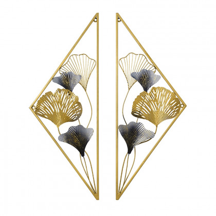 HMR - 2 Pieces Triangular Wall Hollow-out Ginkgo Leaves Floral Art in Metal