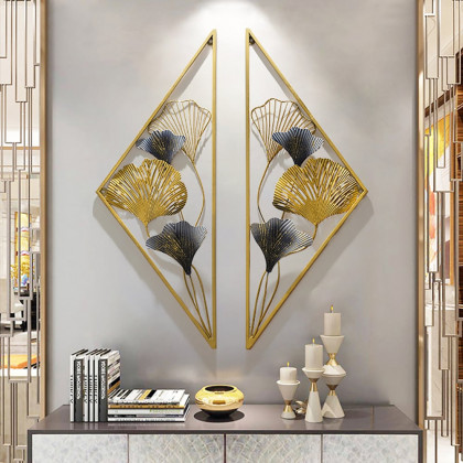 HMR - 2 Pieces Triangular Wall Hollow-out Ginkgo Leaves Floral Art in Metal