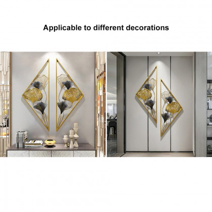 HMR - 2 Pieces Triangular Wall Hollow-out Ginkgo Leaves Floral Art in Metal
