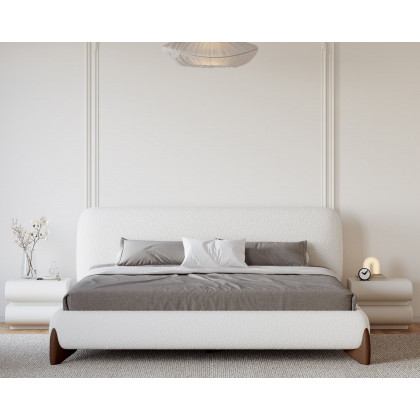 HMR Curva Boucle King Upholstered Platform Bed with Walnut Legs - White, 76"W x 80"L, Walnut
