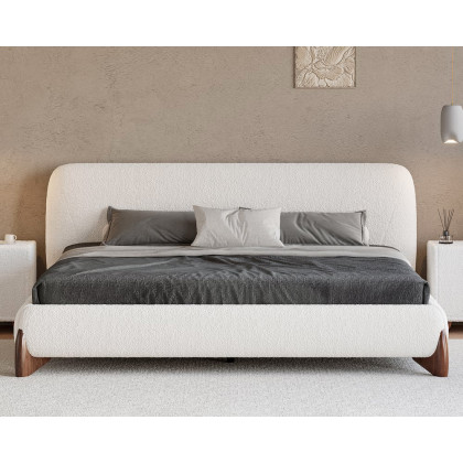 HMR Curva Boucle King Upholstered Platform Bed with Walnut Legs - White, 76"W x 80"L, Walnut