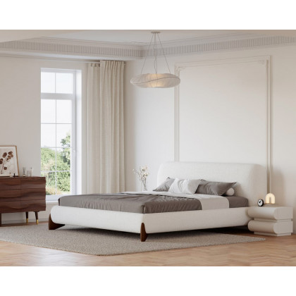 HMR Curva Boucle King Upholstered Platform Bed with Walnut Legs - White, 76"W x 80"L, Walnut