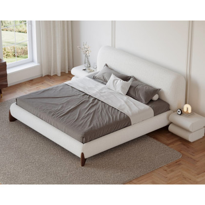 HMR Curva Boucle King Upholstered Platform Bed with Walnut Legs - White, 76"W x 80"L, Walnut
