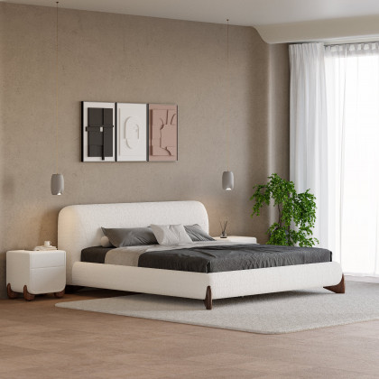 HMR Curva Boucle King Upholstered Platform Bed with Walnut Legs - White, 76"W x 80"L, Walnut