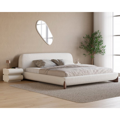 HMR Curva Boucle King Upholstered Platform Bed with Walnut Legs - White, 76"W x 80"L, Walnut