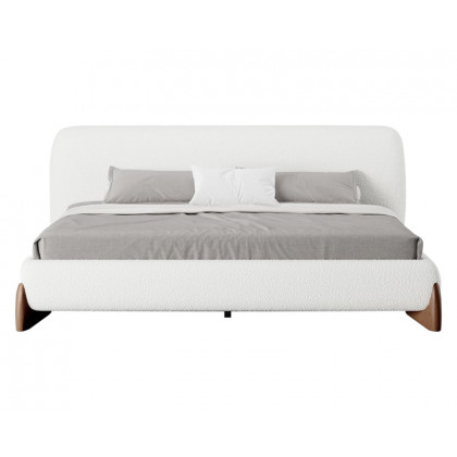 HMR Curva Boucle King Upholstered Platform Bed with Walnut Legs - White, 76"W x 80"L, Walnut