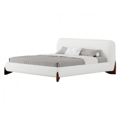 HMR Curva Boucle King Upholstered Platform Bed with Walnut Legs - White, 76"W x 80"L, Walnut