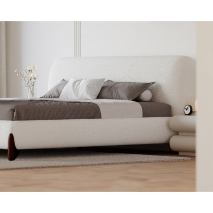 HMR Curva Boucle King Upholstered Platform Bed with Walnut Legs - White, 76"W x 80"L, Walnut