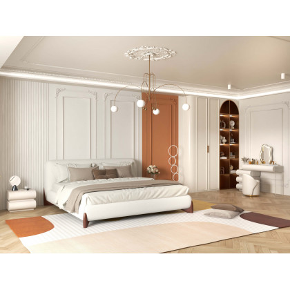 HMR Curva Boucle King Upholstered Platform Bed with Walnut Legs - White, 76"W x 80"L, Walnut