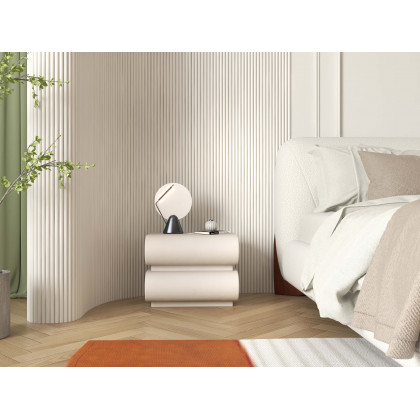 HMR Curva Boucle King Upholstered Platform Bed with Walnut Legs - White, 76"W x 80"L, Walnut