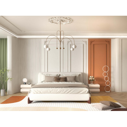 HMR Curva Boucle King Upholstered Platform Bed with Walnut Legs - White, 76"W x 80"L, Walnut