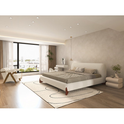 HMR Curva Boucle King Upholstered Platform Bed with Walnut Legs - White, 76"W x 80"L, Walnut