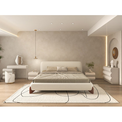 HMR Curva Boucle King Upholstered Platform Bed with Walnut Legs - White, 76"W x 80"L, Walnut
