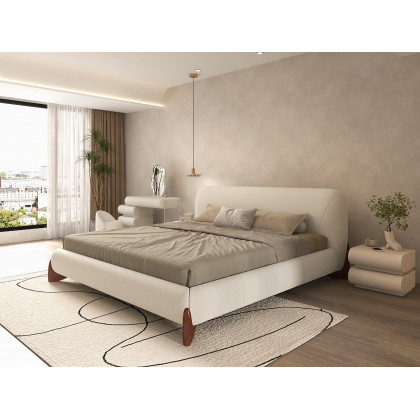 HMR Curva Boucle King Upholstered Platform Bed with Walnut Legs - White, 76"W x 80"L, Walnut