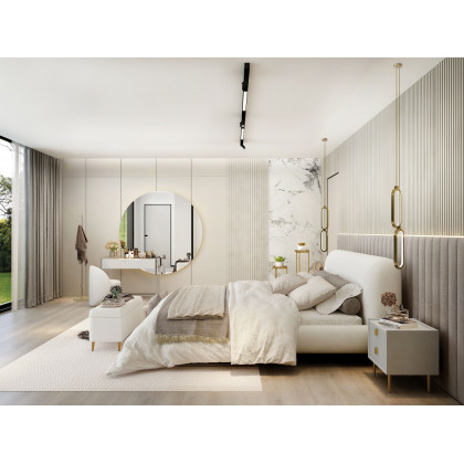 HMR Curva Boucle King Upholstered Platform Bed with Walnut Legs - White, 76"W x 80"L, Walnut