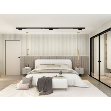 HMR Curva Boucle King Upholstered Platform Bed with Walnut Legs - White, 76"W x 80"L, Walnut