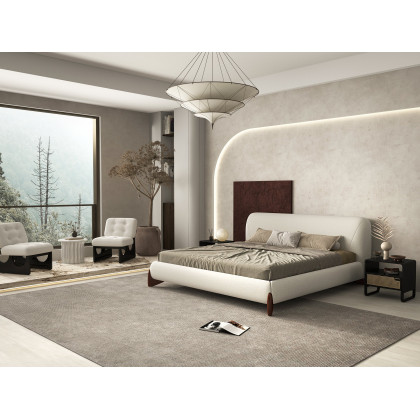 HMR Curva Boucle King Upholstered Platform Bed with Walnut Legs - White, 76"W x 80"L, Walnut