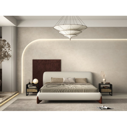 HMR Curva Boucle King Upholstered Platform Bed with Walnut Legs - White, 76"W x 80"L, Walnut