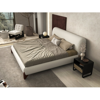 HMR Curva Boucle King Upholstered Platform Bed with Walnut Legs - White, 76"W x 80"L, Walnut