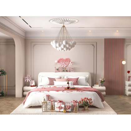 HMR Curva Boucle King Upholstered Platform Bed with Walnut Legs - White, 76"W x 80"L, Walnut
