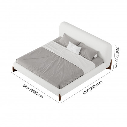HMR Curva Boucle King Upholstered Platform Bed with Walnut Legs - White, 76"W x 80"L, Walnut