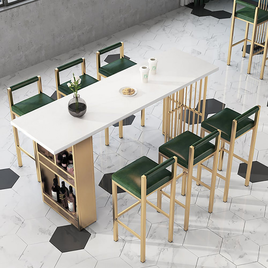 HMR - 63" Modern White Metal Bar Height Table with Shelves & Storage in Gold