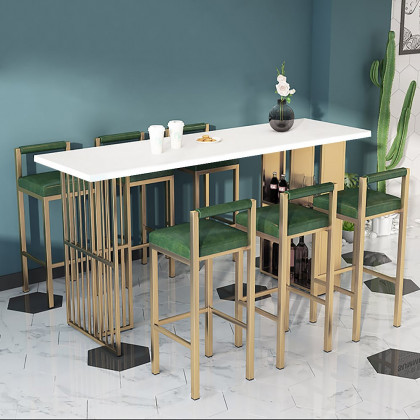 HMR - 63" Modern White Metal Bar Height Table with Shelves & Storage in Gold