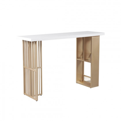 HMR - 63" Modern White Metal Bar Height Table with Shelves & Storage in Gold