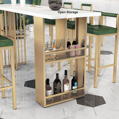 HMR - 63" Modern White Metal Bar Height Table with Shelves & Storage in Gold