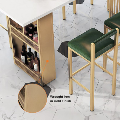 HMR - 63" Modern White Metal Bar Height Table with Shelves & Storage in Gold