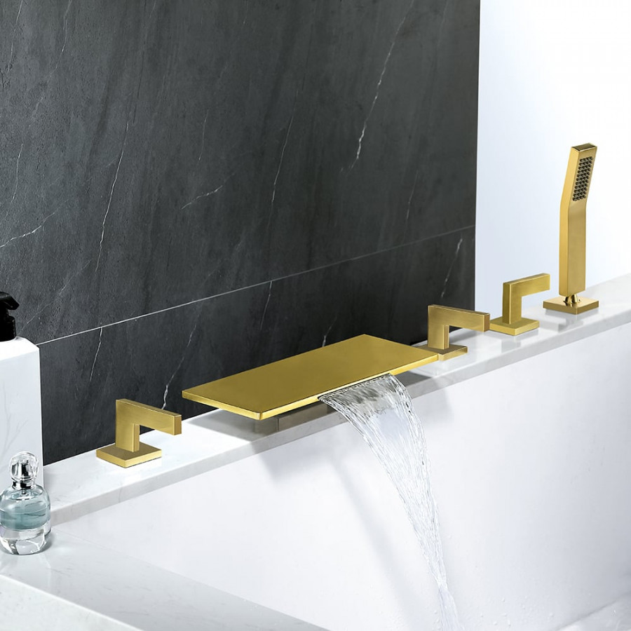 HMR - Modern Waterfall Bathtub Faucet Deck Mounted Tub Filler with Handshower in Brushed Gold