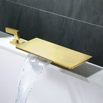 HMR - Modern Waterfall Bathtub Faucet Deck Mounted Tub Filler with Handshower in Brushed Gold