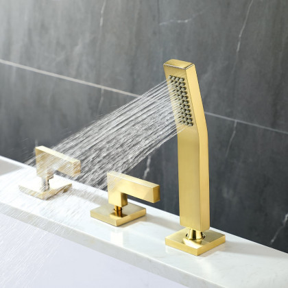 HMR - Modern Waterfall Bathtub Faucet Deck Mounted Tub Filler with Handshower in Brushed Gold