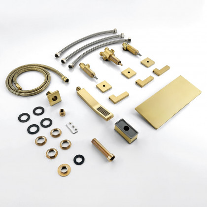 HMR - Modern Waterfall Bathtub Faucet Deck Mounted Tub Filler with Handshower in Brushed Gold