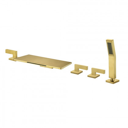 HMR - Modern Waterfall Bathtub Faucet Deck Mounted Tub Filler with Handshower in Brushed Gold