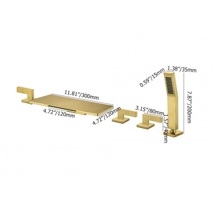 HMR - Modern Waterfall Bathtub Faucet Deck Mounted Tub Filler with Handshower in Brushed Gold