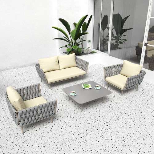 HMR - 4-Pieces Outdoor Sectional Sofa Set with Webbing Seats and Cushions in Beige & Gray