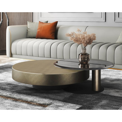 HMR Modern 2-Piece Round Nesting Coffee Table Set with Tempered Glass Top - Gold/Black, 35.4"