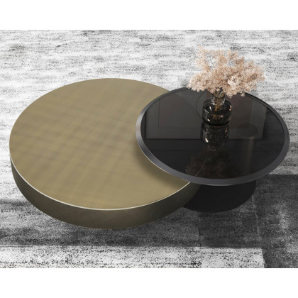 HMR Modern 2-Piece Round Nesting Coffee Table Set with Tempered Glass Top - Gold/Black, 39.4"