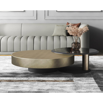 HMR Modern 2-Piece Round Nesting Coffee Table Set with Tempered Glass Top - Gold/Black, 39.4"
