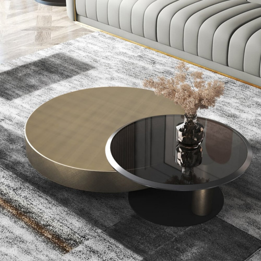 HMR Modern 2-Piece Round Nesting Coffee Table Set with Tempered Glass Top - Gold/Black, 31.5"