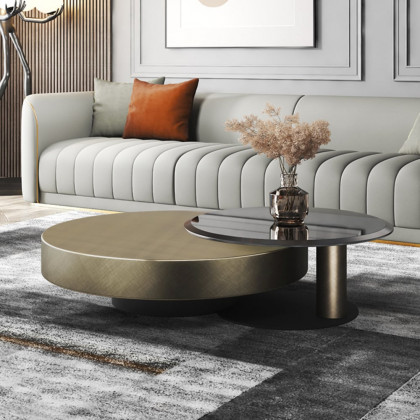 HMR Modern 2-Piece Round Nesting Coffee Table Set with Tempered Glass Top - Gold/Black, 31.5"