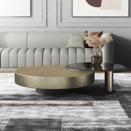 HMR Modern 2-Piece Round Nesting Coffee Table Set with Tempered Glass Top - Gold/Black, 31.5"