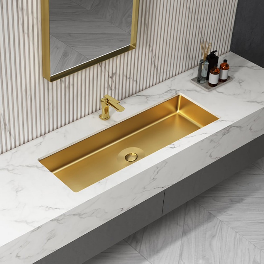HMR - 42" Undermount Bathroom Sink Rectangular Stainless Steel Luxury with Drain Brushed Gold