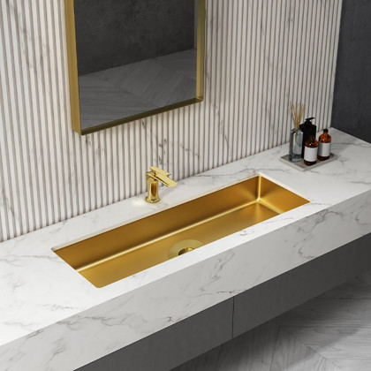 HMR - 42" Undermount Bathroom Sink Rectangular Stainless Steel Luxury with Drain Brushed Gold
