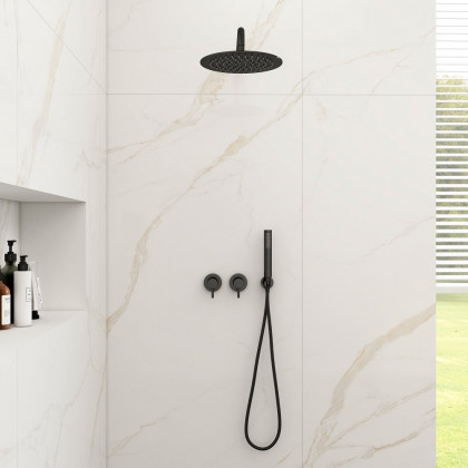 HMR - 10" Wall-Mounted Round Black Shower System 2-Function with Hand Shower