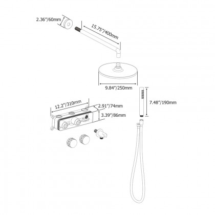 HMR - 10" Wall-Mounted Round Black Shower System 2-Function with Hand Shower